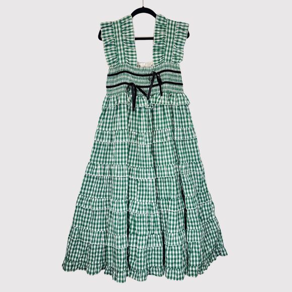 Dream Sister Jane Dress Green Roller Gingham Midi Tiered Ruffle Smocked Large - Picture 2 of 12